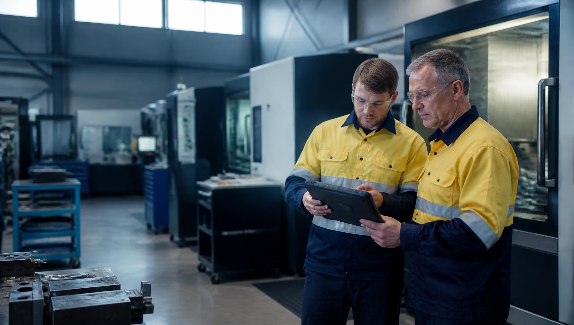 Two manufacturing staff in high-visibility workwear reviewing production information on a rugged tablet beside CNC machining cells